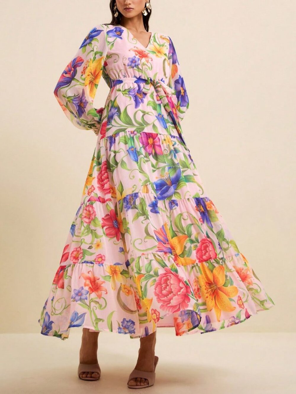 Multicolor Boho Women's V-Neck Long Sleeve Cinched Waist Tropical Floral Dress - Picture 3 of 8